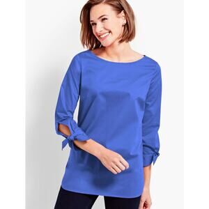 Talbots Women M Blue 3/4 Tie Sleeve Popover Cotton Spring Lightweight Blouse Top